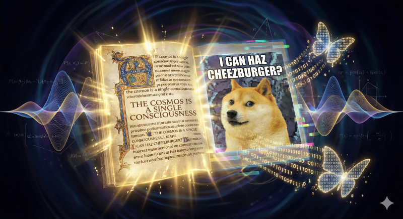 A glowing quantum superposition of a sacred text and a meme