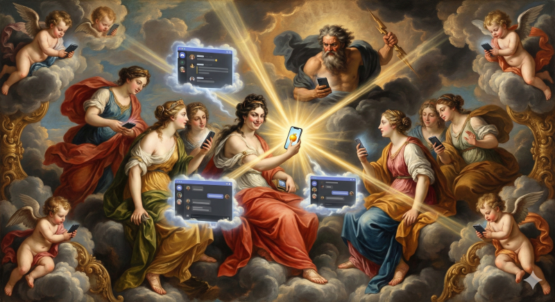 A baroque painting in the style of Rubens or Caravaggio, showing Greek gods in traditional robes but they're all holding smartphones, gathered around 
