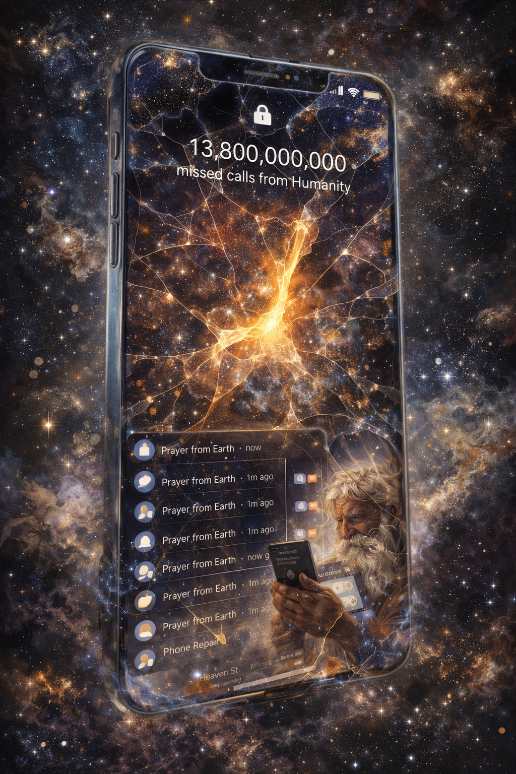 A cosmic-scale smartphone floating in space, screen shattered in an intricate spider-web pattern. Each crack in the glass contains galaxies, stars, an