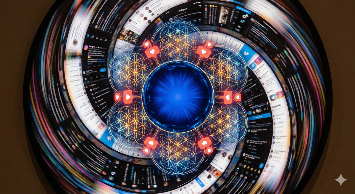 An endless spiral of social media feeds—Instagram, Twitter, TikTok, Facebook—merging into a mandala. The spiral draws the eye inward toward the center