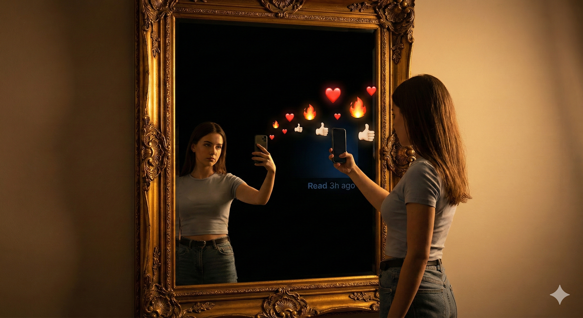 A figure taking a selfie in an ornate golden baroque mirror. But instead of showing her reflection, the mirror shows only empty void—pure darkness, no