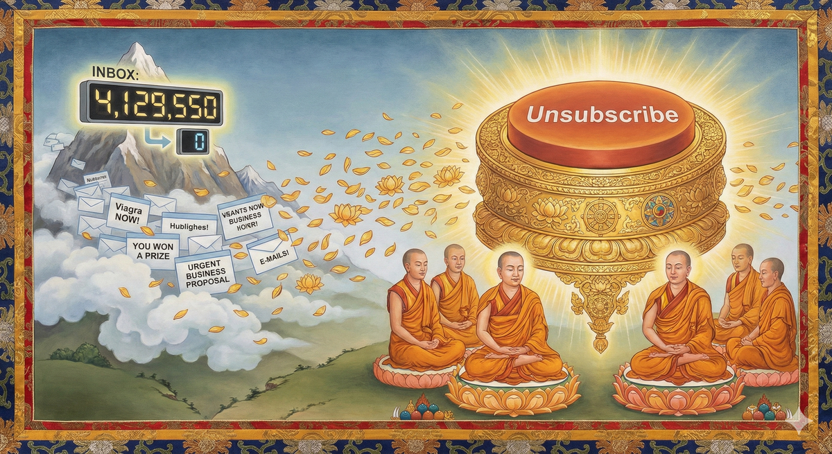 Buddhist monks in traditional robes sitting in meditation before an enormous ornate 