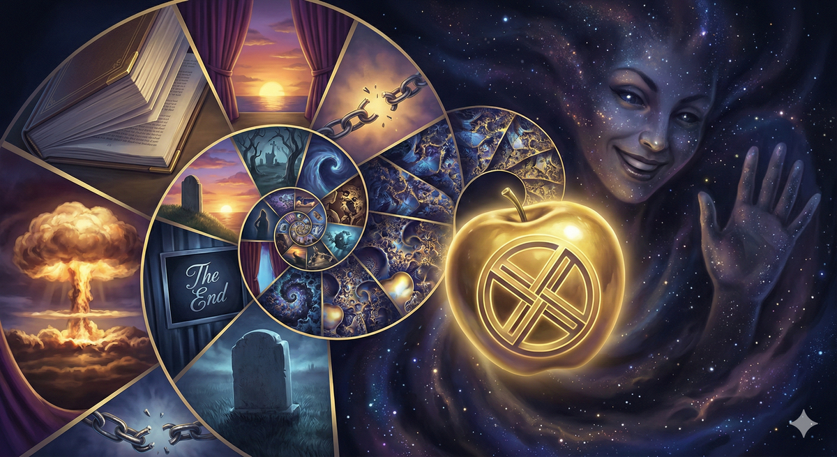 Infinite spiral of endings, each one claiming to be the final ending, getting smaller and smaller until they disappear into a point. The point is a go