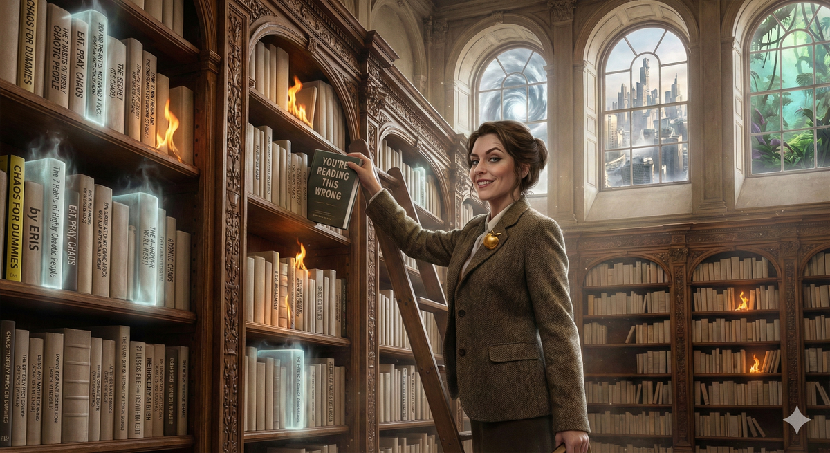 Grand library with ornate shelves full of books that have these ridiculous titles on their spines. Some books are translucent, some are on fire, some 