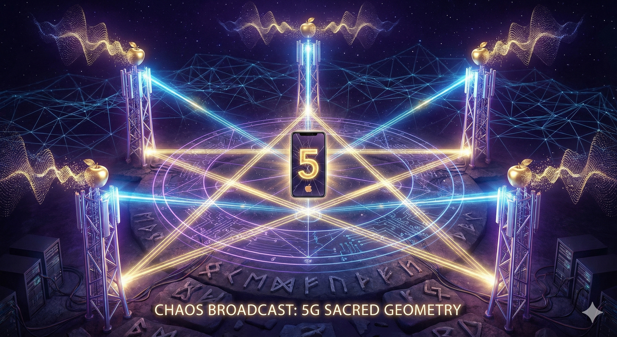 A pentagram made of gleaming 5G cell towers, each tower at a point of the star. From the towers, golden apples are being broadcast as data signals—you