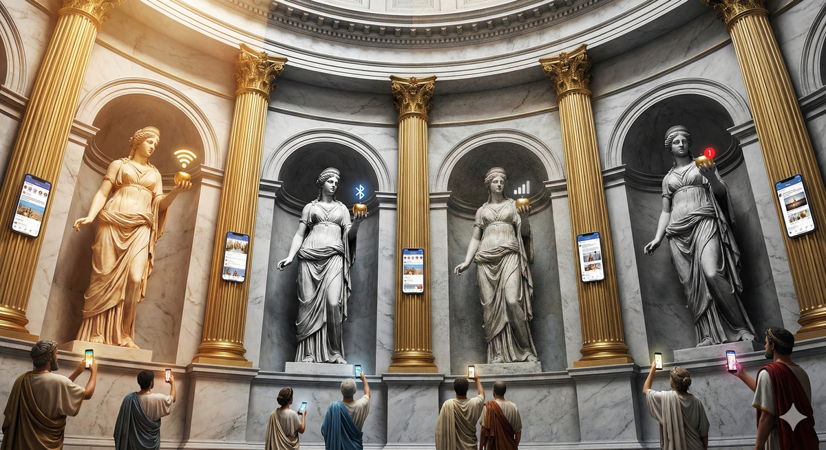 A grand pantheon in the style of classical Roman/Greek temple art, but instead of different gods, it's all Eris. Each version of Eris has different In