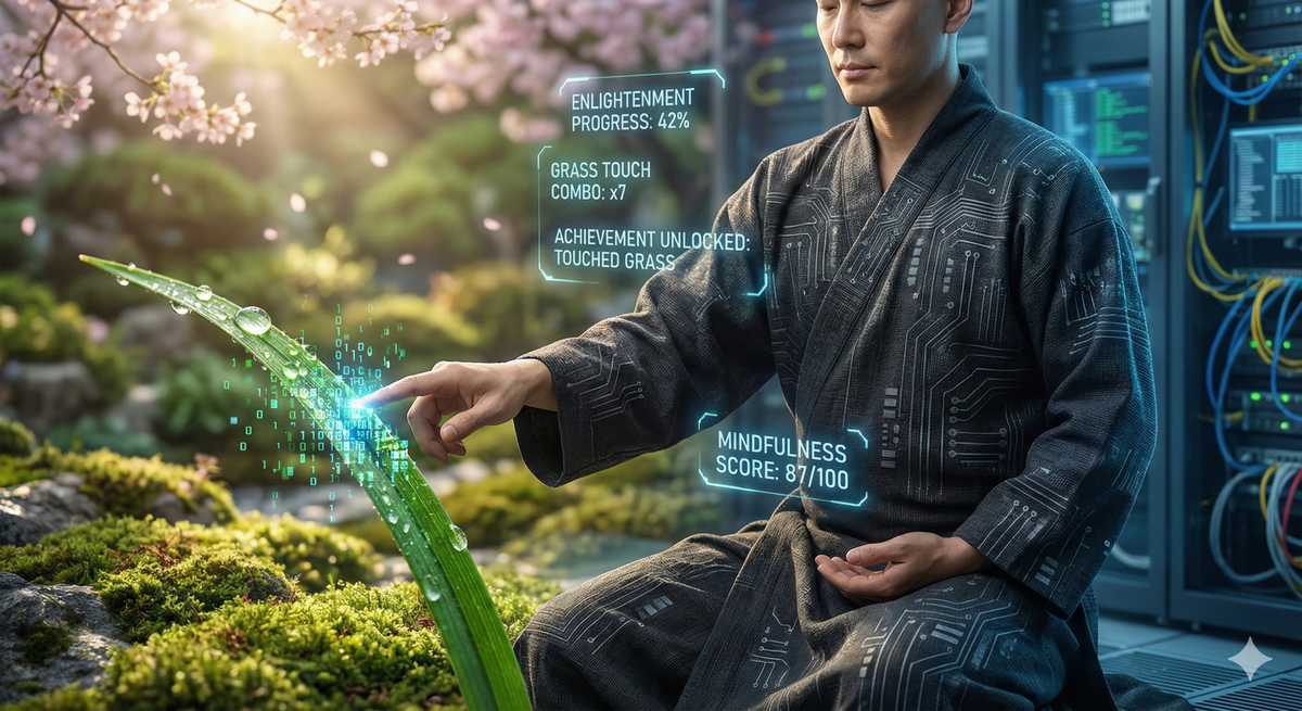 A serene cyberpunk monk in traditional robes, kneeling in a meditation pose, reaching out to touch a single blade of grass. The grass is rendered in u