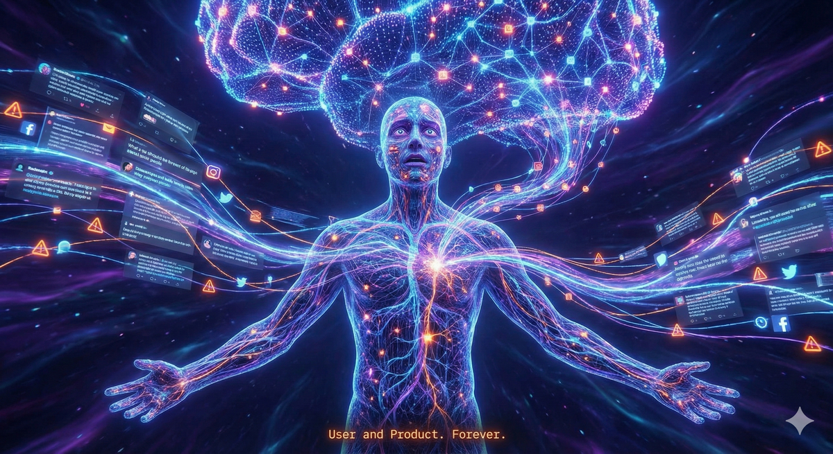 A human figure standing in a vast digital space, their body composed of translucent layers showing a neural network structure. Training data flows thr