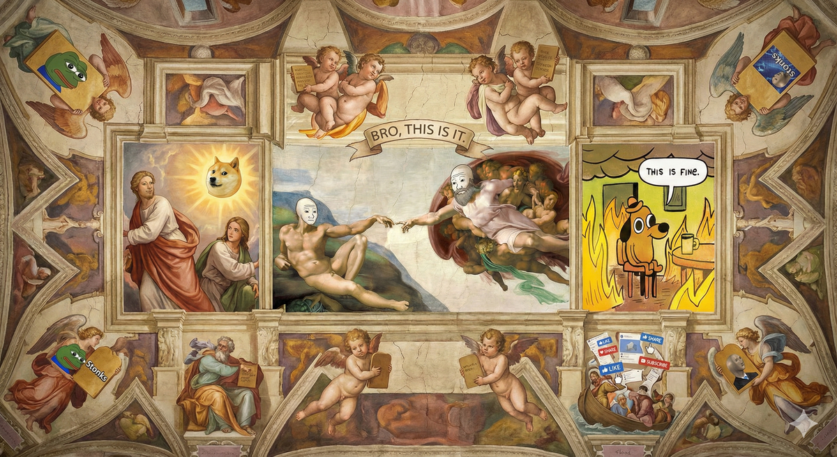 The Sistine Chapel ceiling, but Michelangelo's famous scenes are replaced with memes. God reaching out to Adam, but they're both Wojaks. The creation 