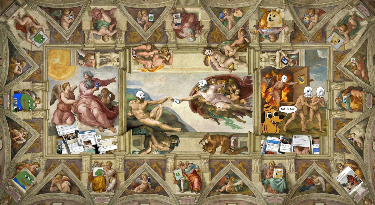 The Sistine Chapel ceiling, but Michelangelo's famous scenes are replaced with memes. God reaching out to Adam, but they're both Wojaks. The creation of the sun and moon is the Distracted Boyfriend meme. The expulsion from Eden is 'This Is Fine' dog. The flood is represented by an overwhelming feed scroll. Angels are holding phones showing different memes. Cherubs are posting. The whole composition maintains the grandeur and sacredness of the original while completely subverting it with image macro theology. Painted with the same reverence Michelangelo showed, but the content is purely contemporary internet culture. The color palette is Renaissance-traditional, but the subject matter is extremely online. Style: High Renaissance meets extremely online, executed with complete sincerity and absolute absurdity.