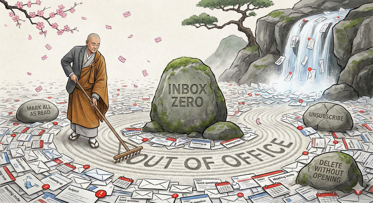 A Zen garden where the sand is made of unread emails, notifications, meeting invites, and 