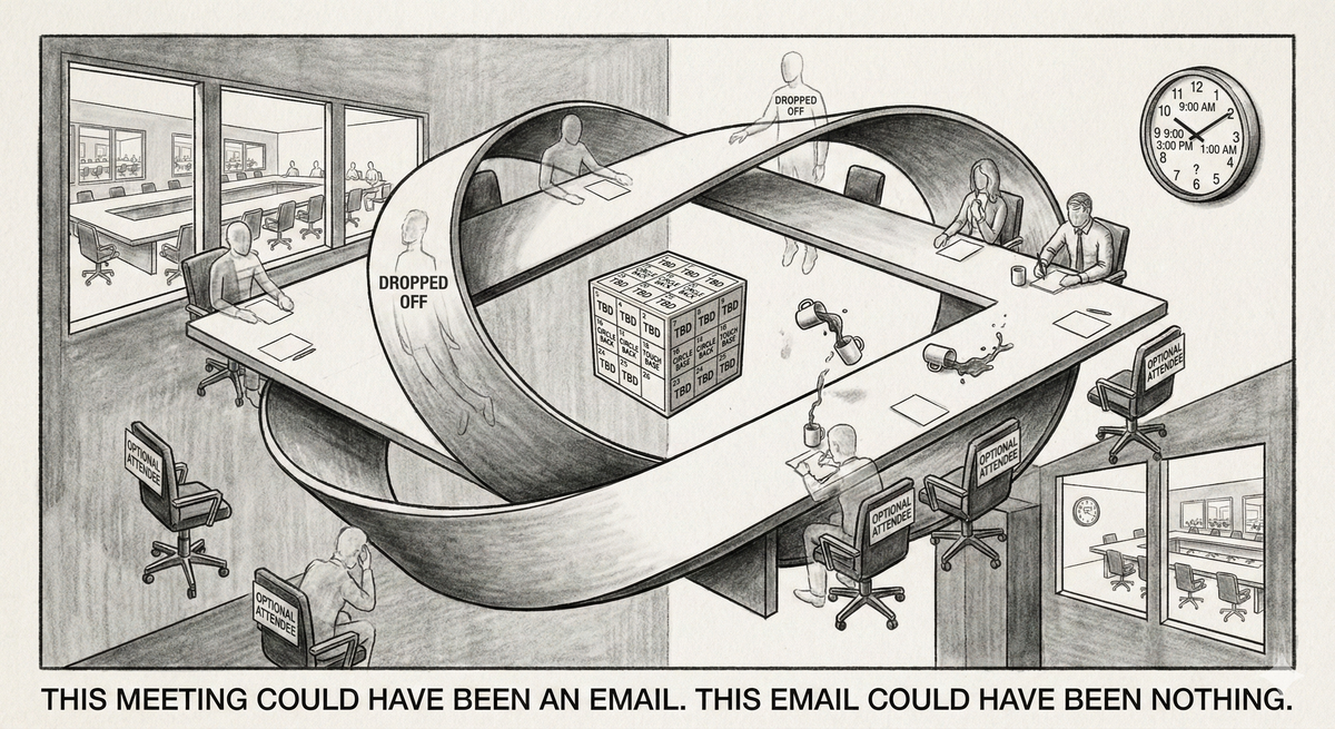 An M.C. Escher-style impossible office meeting room. A conference table curves and loops back on itself in ways that defy physics. People sit at the table, but they're in different time zones, different dimensions—some are transparent (having dropped off), some are duplicated (attending multiple meetings simultaneously), some are just empty chairs labeled Optional Attendee. In the center of the impossible loop-table, a calendar floats showing every day marked TBD or Circle Back or Touch Base. Coffee cups are frozen mid-spill, existing in all states simultaneously. Through impossible windows, you can see other meeting rooms, all identical, all in progress, all deciding nothing. The clock shows multiple times at once. At the bottom, a caption in corporate sans-serif font: This Meeting Could Have Been an Email. This Email Could Have Been Nothing. Style: Surrealist corporate art, rendered with the precision of a technical drawing but the logic of a fever dream.