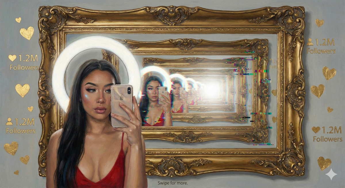 An influencer holding a phone, taking a selfie. But the image is an infinite regression—each reflection shows them taking a photo of themselves taking