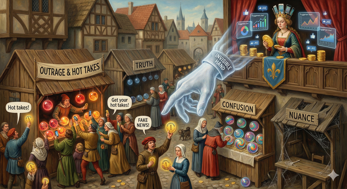 A bustling medieval marketplace, but instead of goods, the stalls sell glowing orbs of ideas—some shine with truth (dim, ignored), others pulse with o