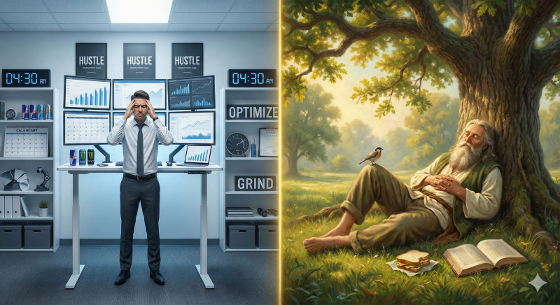 Split-screen composition: LEFT SIDE: A productivity guru in a stark, minimalist office, surrounded by charts, graphs, optimization tools, time-blockin