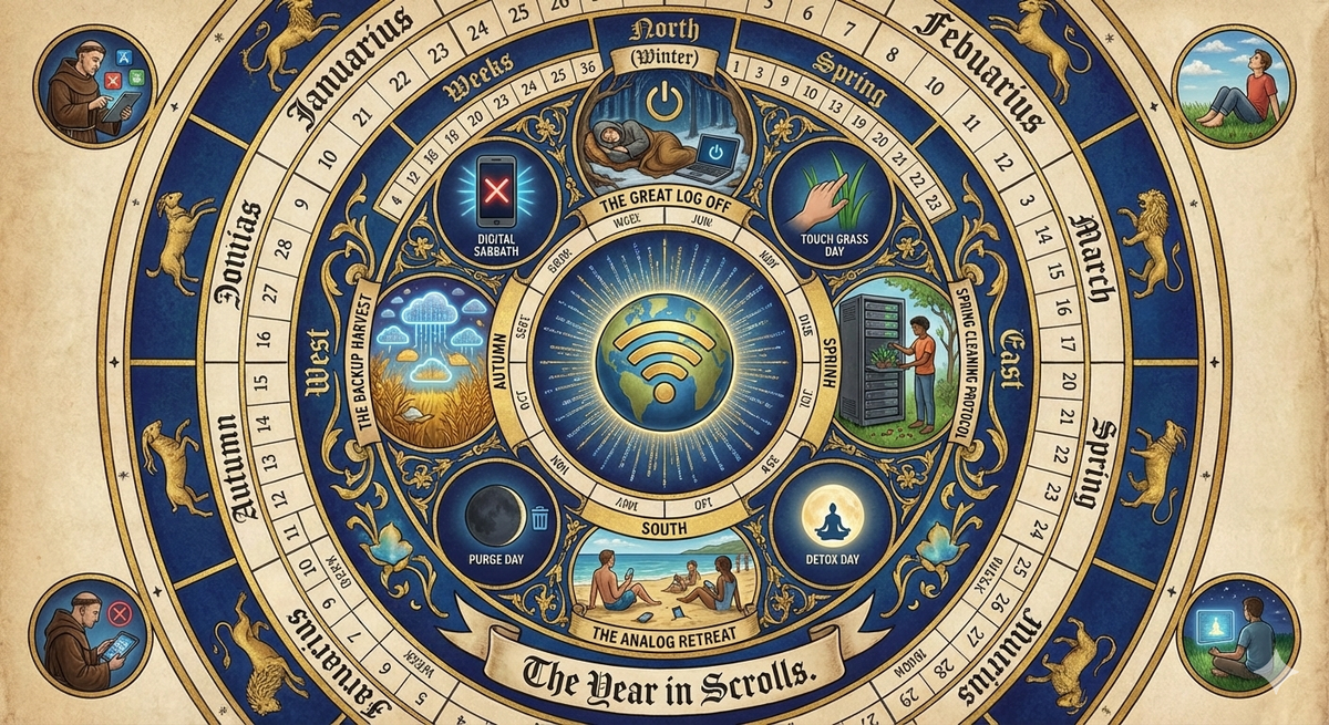 A circular liturgical calendar, like a medieval astronomical chart, but marking digital observances instead of saints' days. The outer ring shows the 