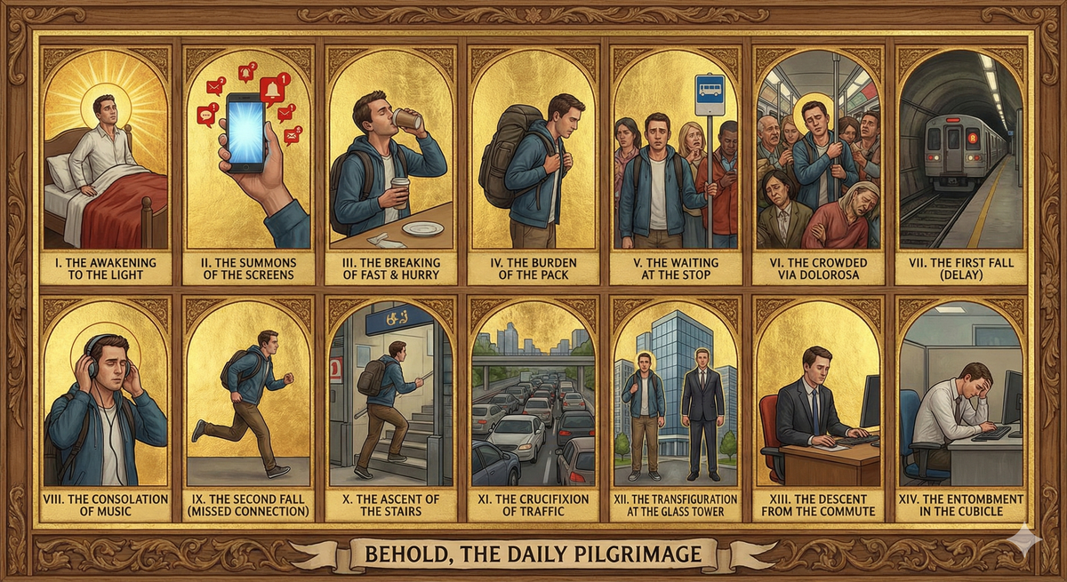 Fourteen panels arranged like the traditional Stations of the Cross, but each depicts a stage of the modern commute. Panel 1: Figure leaving bed, halo