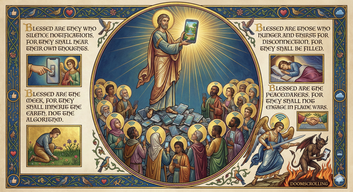 A medieval illuminated manuscript page, but instead of the Sermon on the Mount, it's the Sermon on the Phone Mount—a figure standing on a pile of old 