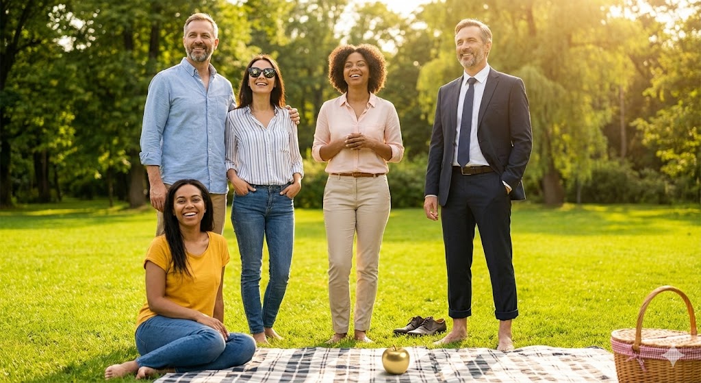 Happy people experiencing chaos in a park