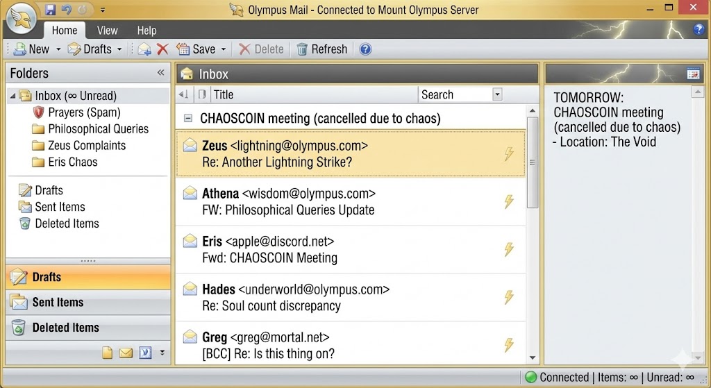 Email client interface styled like divine Microsoft Outlook. Folders labeled: 'Prayers (Spam)', 'Philosophical Queries', 'Zeus Complaints', 'Eris Chaos'. The inbox shows this entire thread. In the corner, unread count: infinity. Calendar reminder visible: 'CHAOSCOIN meeting (cancelled due to chaos)'. Greg's name appears in a BCC line nobody remembers adding. Style: Corporate email meets Mount Olympus, completely normal interface revealing completely absurd content.