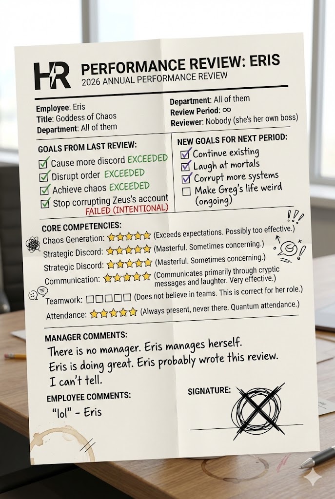 Eris in her performance review, looking both pleased and mischievous. She's wearing a formal business suit but has a chaotic aura around her. The background shows a filing cabinet labeled 'BUREAUCRACY' with papers floating around it.