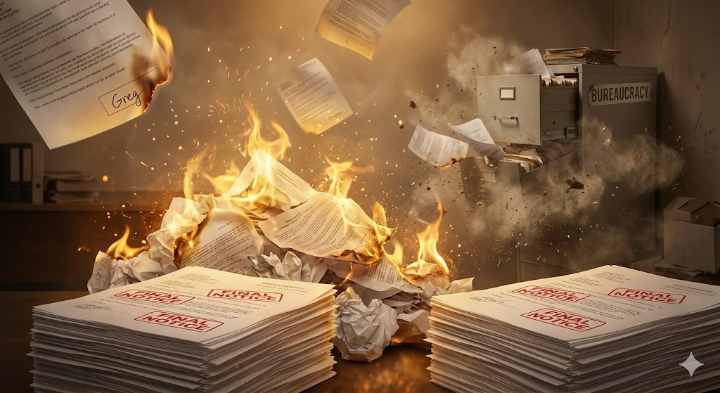 Stack of official documents on fire, but the fire is made of golden light and chaos. Some papers float away mid-burn, others are perfectly preserved. 'FINAL NOTICE' stamp visible, but it's been stamped over dozens of times across decades. In the background, a filing cabinet labeled 'BUREAUCRACY' is both exploding and imploding simultaneously. Greg's signature visible on one floating document. Style: Office disaster meets divine intervention meets 'this is fine' energy.