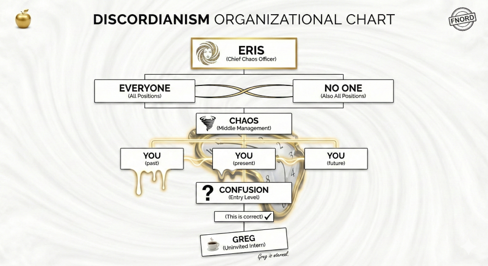 M.C. Escher-style organizational chart where Eris appears at every level simultaneously, arrows point in impossible directions, some boxes contain other org charts in infinite recursion, Greg's box is slightly out of focus and positioned impossibly in the margin. The whole thing is beautifully drawn, officially formatted, completely nonsensical. Water flows upward in the company fountain visible in background.