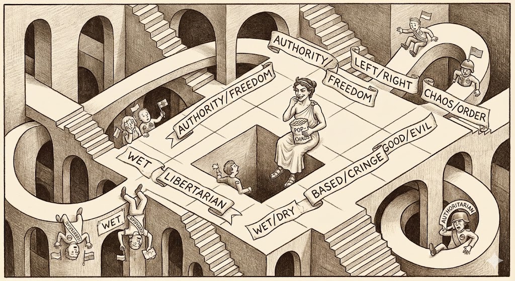 A Discordian political compass that defies traditional axes. Instead of left-right and authoritarian-libertarian, the compass shows Chaos, Order, Eris, and Confusion as cardinal points, with arrows pointing in impossible directions. The compass itself is rotating and the viewer is somehow both on and outside of it. A golden apple marks the center where all positions converge and diverge simultaneously.