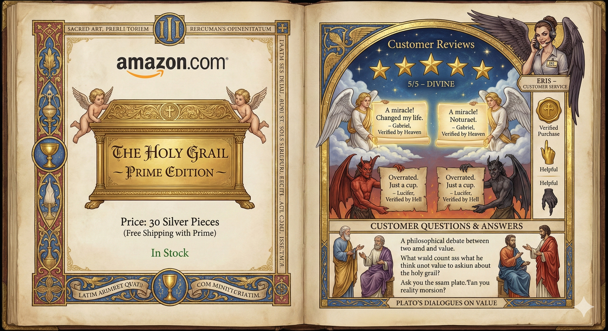 Amazon product page rendered as sacred manuscript. The five-star rating system appears as sacred stars in the heavens. Customer reviews are written on
