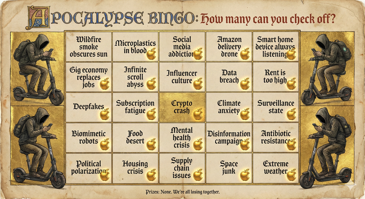 Apocalypse bingo card, but instead of traditional apocalyptic imagery (four horsemen, trumpets, seals), each square contains a mundane contemporary ho