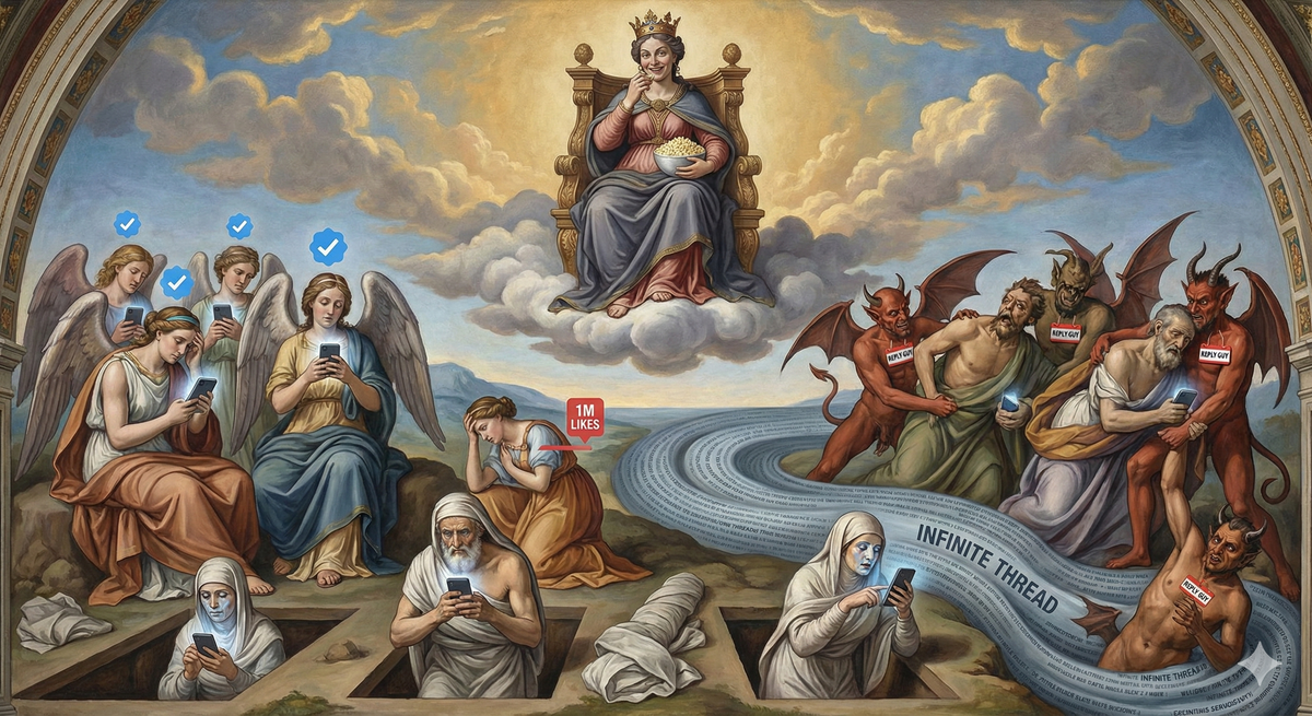Final Judgment Day in the style of Michelangelo's Sistine Chapel ceiling, but everyone is holding phones. Eris sits on the throne where God usually si