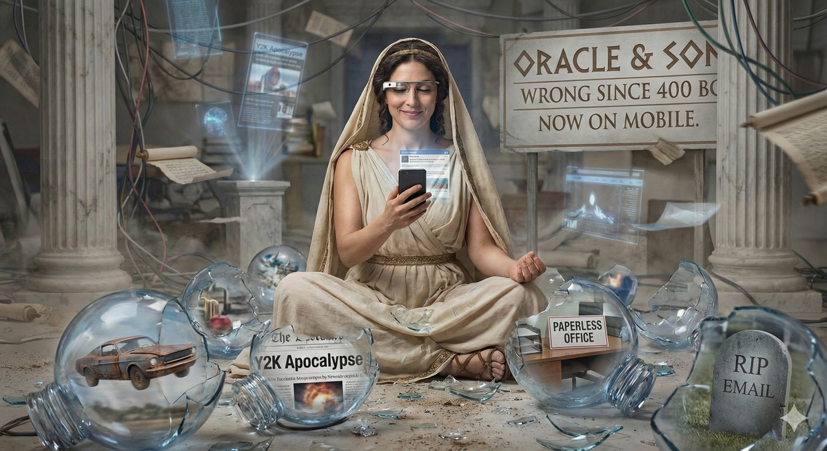 Oracle surrounded by broken crystal balls, each showing a different failed prediction. She's looking at a smartphone (the modern oracle tool) with com