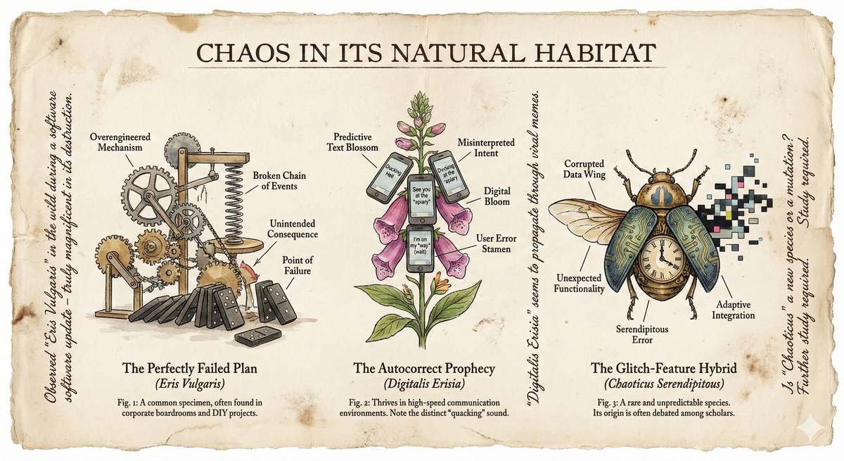 A naturalist's field guide illustrated in the style of Audubon or vintage botanical drawings, but instead of birds and plants, it shows 