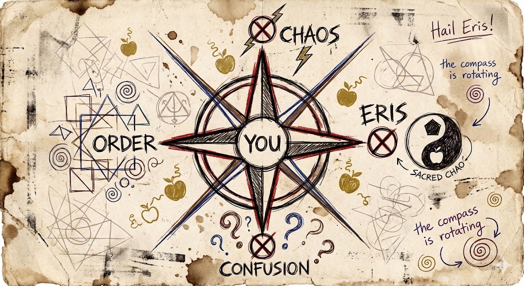 The Discordian Political Compass Hand-drawn mystical diagram on aged paper: A four-pointed compass with CHAOS at top, ORDER at left, ERIS at right, CONFUSION at bottom